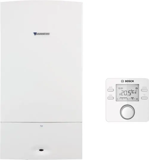Weiße Gasheizung mit digitalem Thermostat von Bosch. Die Geräte sind für die Heizungssteuerung konzipiert und zeigen aktuelle Temperatur und Einstellungen an.